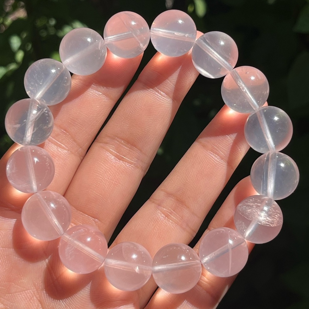 14mm stretchable translucent‎ pink rose quartz bracelet